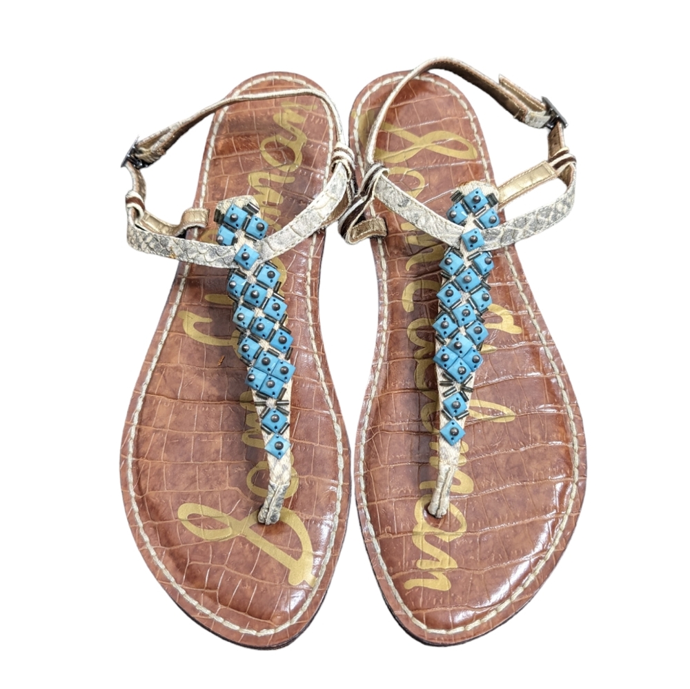 Sam Edelman Gaines Turquoise Beaded T Strap Gladiator Leather Sandals Size 6